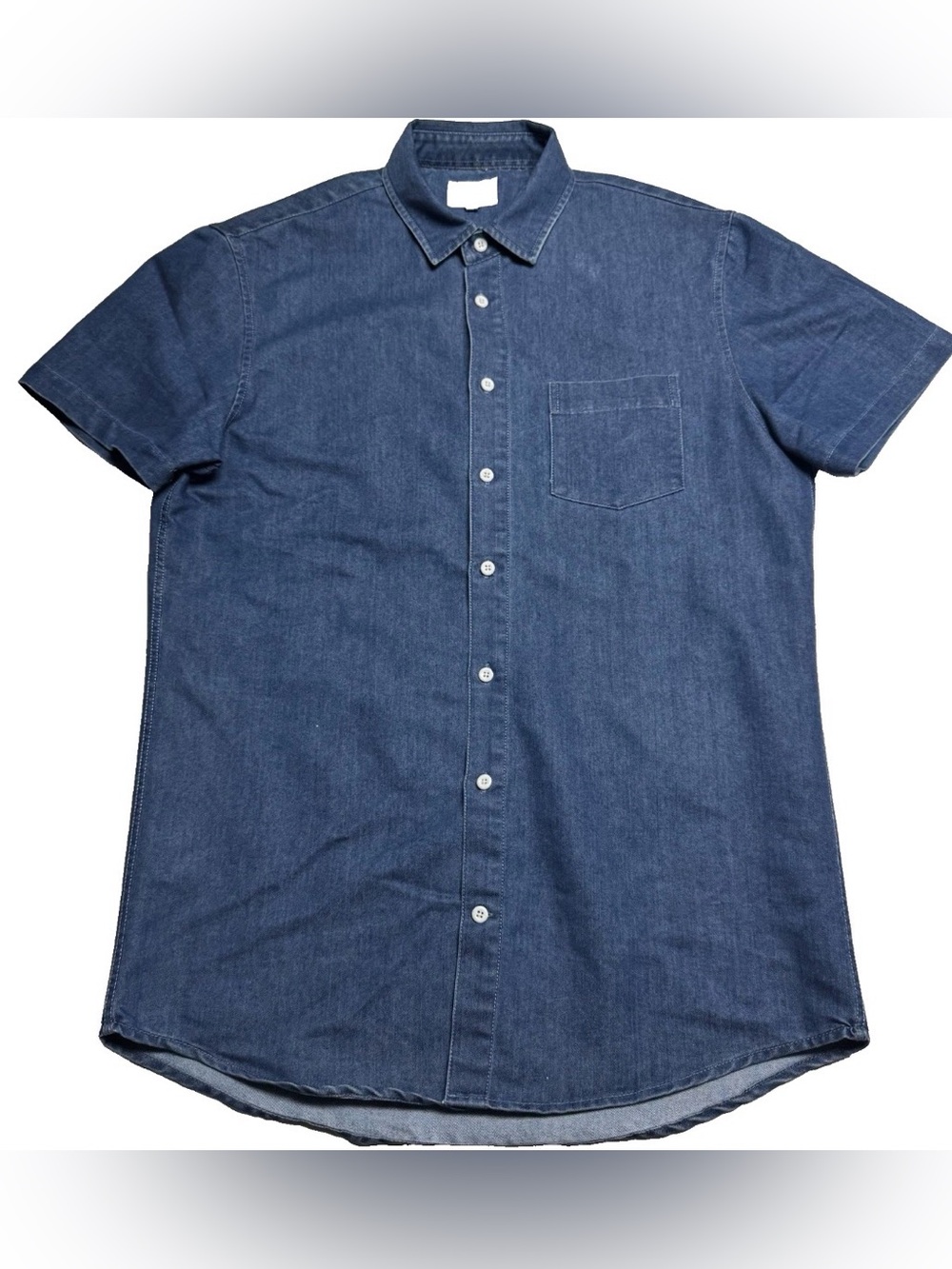 Frank And Oak Shirt Short Sleeve Denim Shirt In Blue Tailored Fit Size: Large